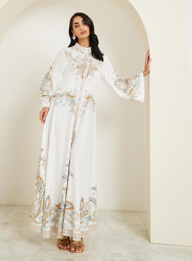 Amirah Women Placement Print Jalabiya with Pearl Embellishment - Image 3