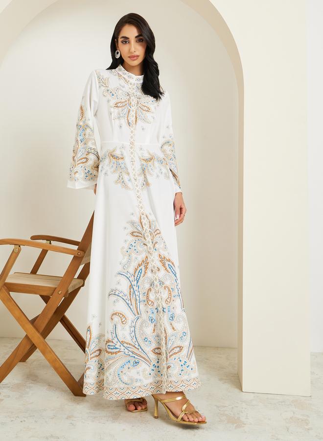 Amirah Women Placement Print Jalabiya with Pearl Embellishment - Image 1