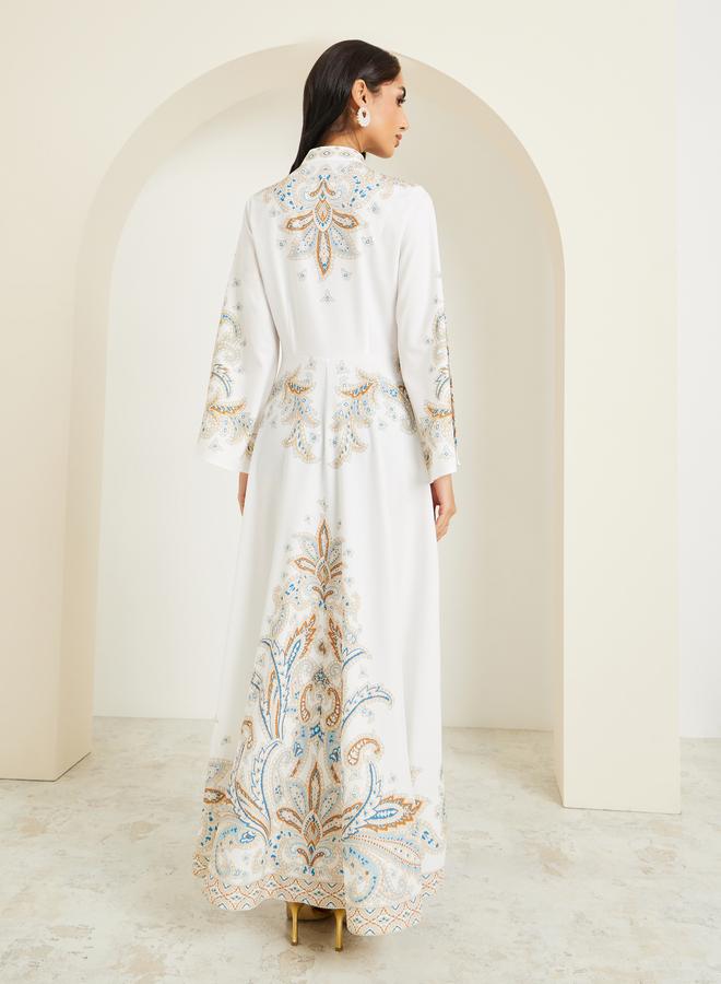 Amirah Women Placement Print Jalabiya with Pearl Embellishment - Image 5