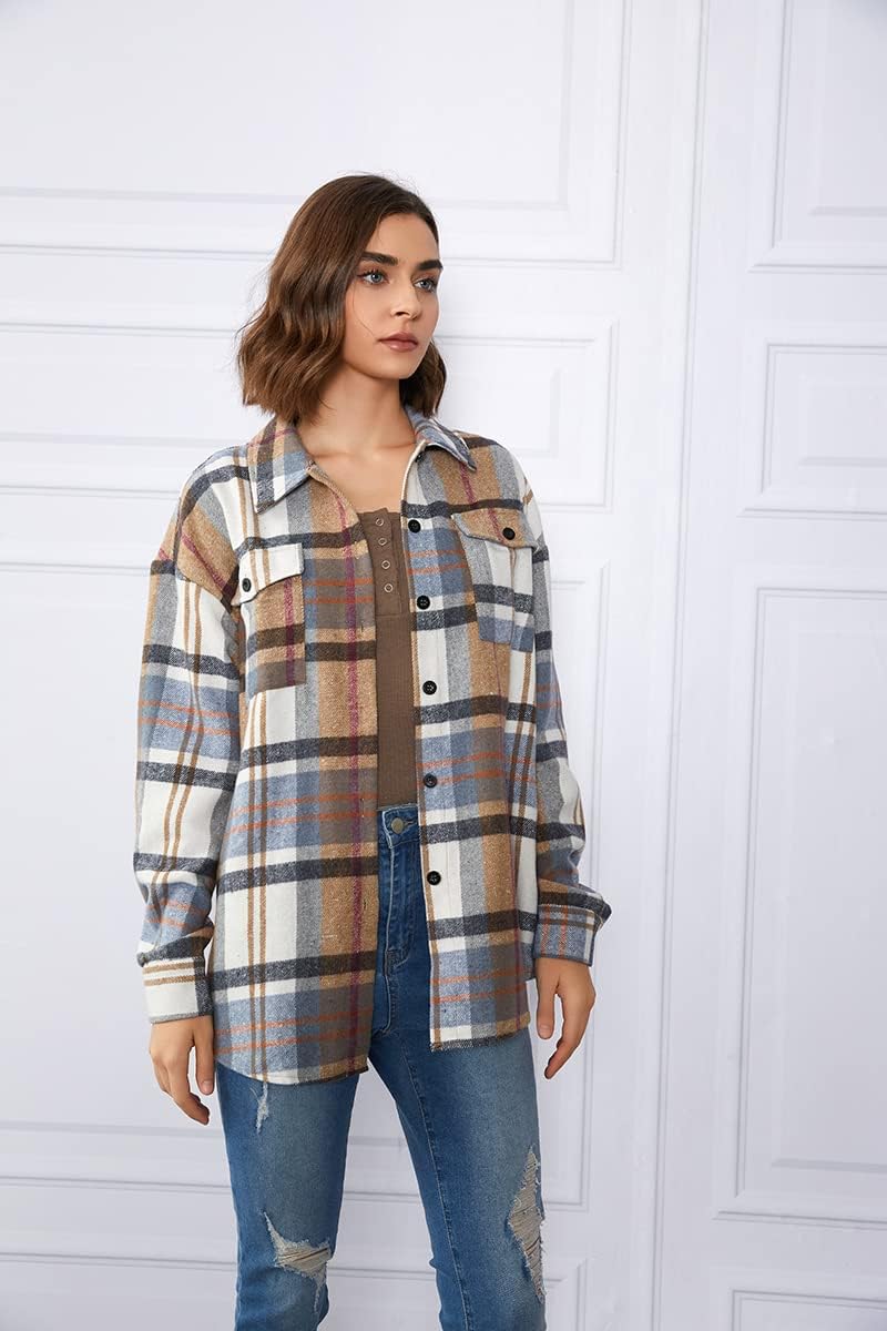 AUTOMET Shackets for Women Plaid Flannel Shirts Fall Winter Jackets Cute Tops Trendy Western Cowgirl Outfits Girls Coats Bluebrown XXL - Image 3