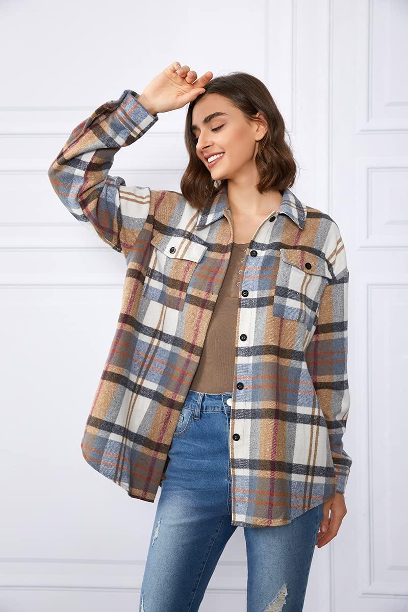 AUTOMET Shackets for Women Plaid Flannel Shirts Fall Winter Jackets Cute Tops Trendy Western Cowgirl Outfits Girls Coats Bluebrown XXL - Image 2