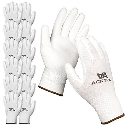 ACKTRA Ultra-Thin PU Safety WORK GLOVES 12 Pairs, WG002 White/White, Large - Image 1
