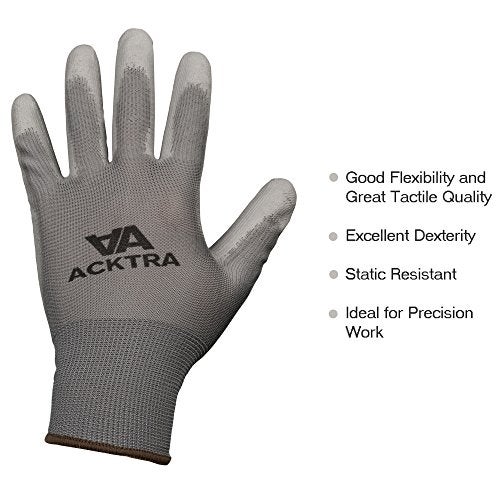 ACKTRA Ultra-Thin PU Safety WORK GLOVES 12 Pairs, WG002 White/White, Large - Image 3