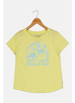 Kids Girl Short Sleeves Graphic Print Tops, Lime Green