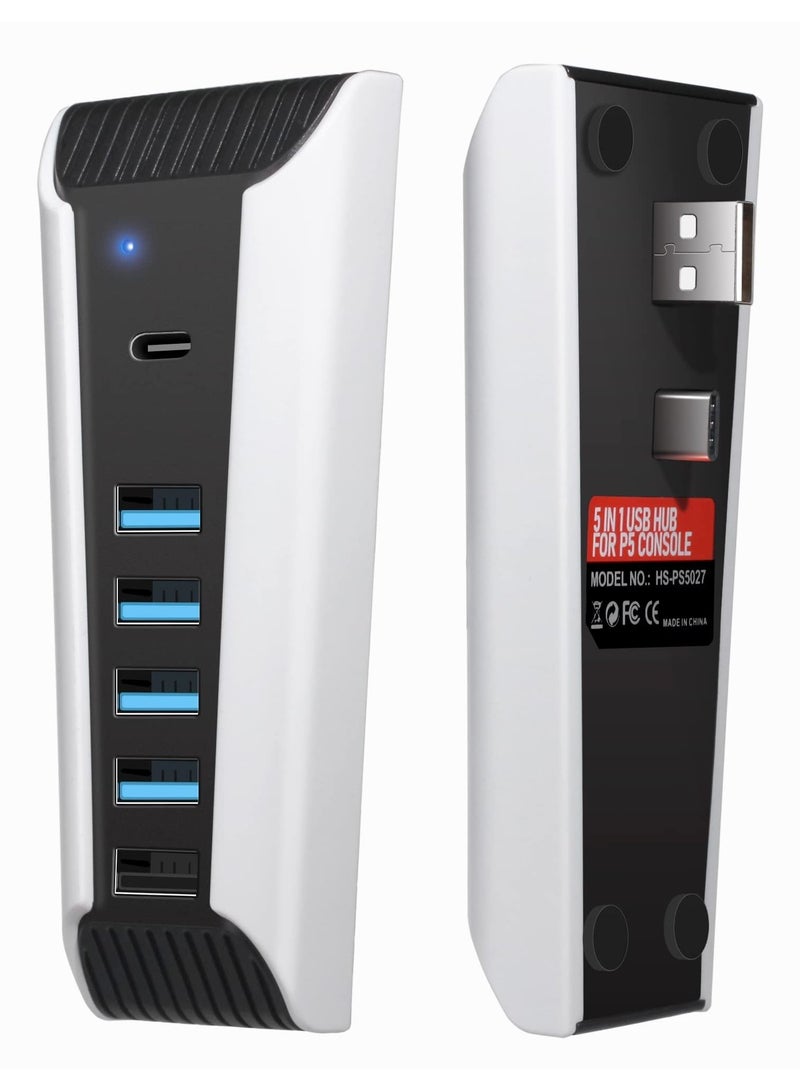 محول USB Hub لجهاز PS5 بـ 5 منافذ USB، يتناسب مع PS5، محول توسيع USB عالي السرعة مع محول شاحن Hub USB متوافق مع جهاز لعب Playstation 5 مع 4 منافذ USB + 1 منفذ شحن USB + 1 منفذ Type C. - Image 1