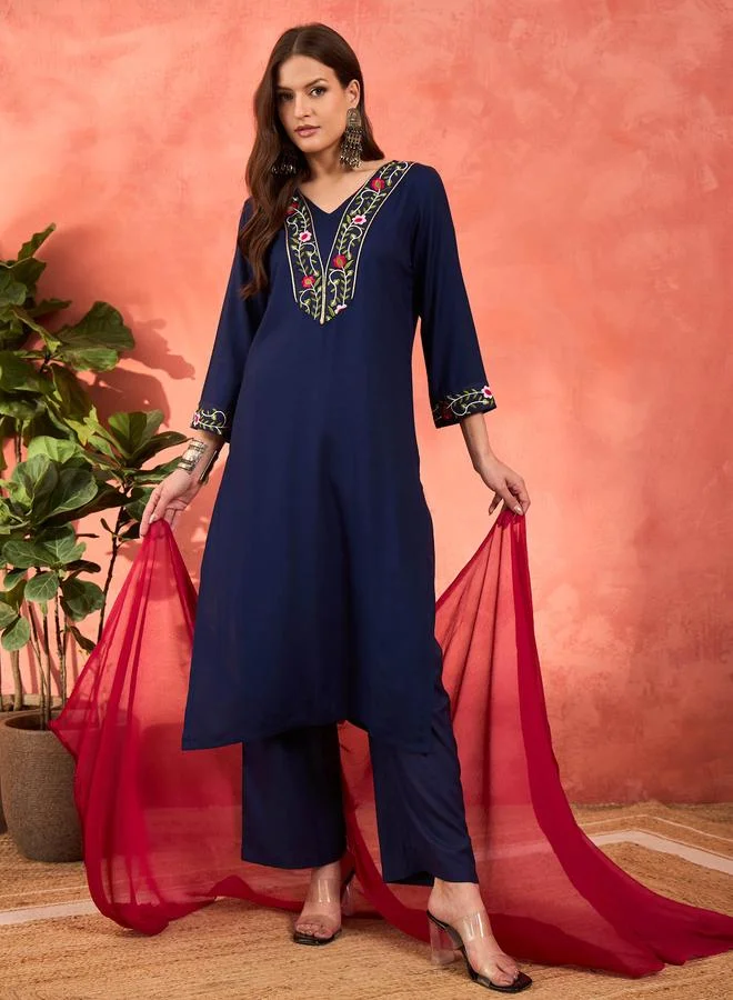 SASSAFRAS SASSAFRAS Navy Rayon Embroidered Kurta with Pencil Pants and Dupatta Set