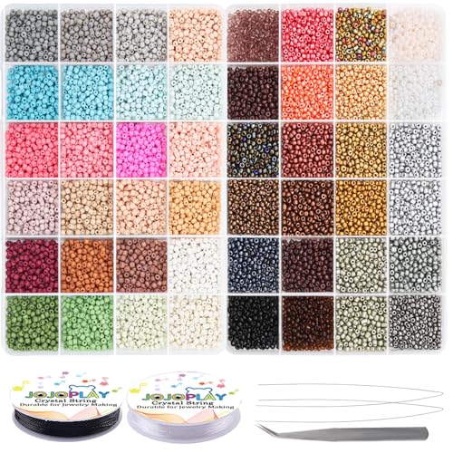 JOJOPLAY Glass Seed Beads Kit 3mm Small Waist Beads 8/0 with Elastic String Tweezers for Jewelry Making (24 Frosted Color & 24 Metal Colors/ 13440Pcs) - Image 1