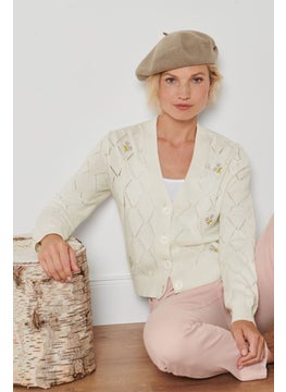 Women V-Neck Long Sleeve Embroidered Cardigans, Off White