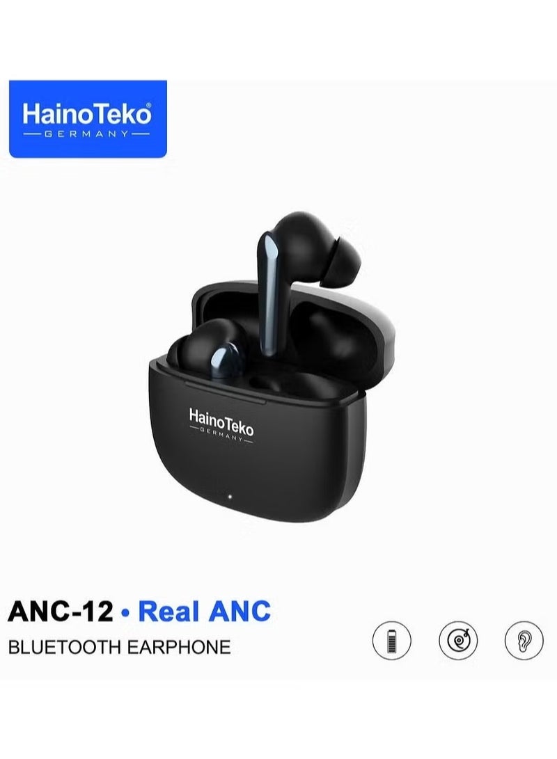 Haino Teko ANC-12 Real ANC Bluetooth Earphones with Active Noise Cancellation, High Bass Sound Quality, Super Clear Microphone, Easy Touch Controls – Compatible with Android Mobiles and Tablets – Black - Image 1