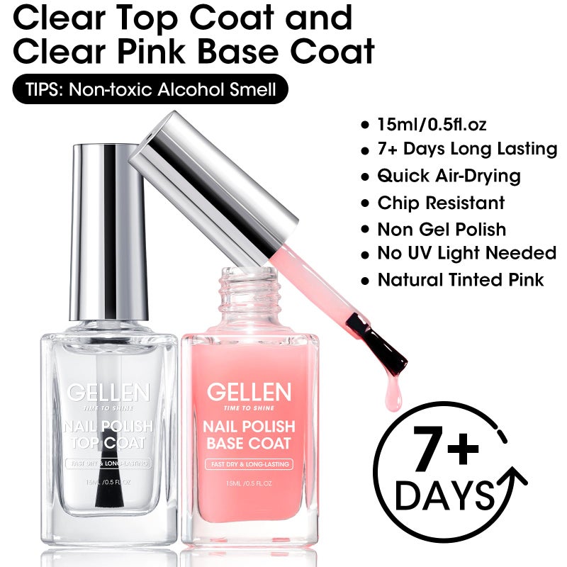 GELLEN Clear Nail Polish Base Top Coat, Sheer Pink Tinted Base Coat & Shine No Wipe Top Coat Strengthen Thin Damaged Natural Nails, Quick Dry Regular Nail Polish Non UV Gel, TPO & Hema Free, Non-toxic - Image 2