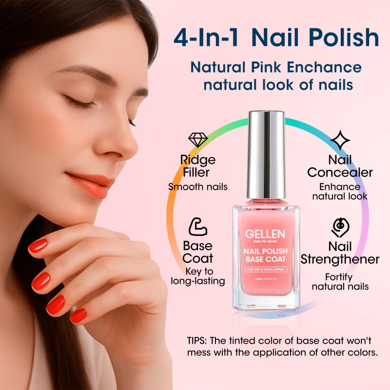 GELLEN Clear Nail Polish Base Top Coat, Sheer Pink Tinted Base Coat & Shine No Wipe Top Coat Strengthen Thin Damaged Natural Nails, Quick Dry Regular Nail Polish Non UV Gel, TPO & Hema Free, Non-toxic - Image 3