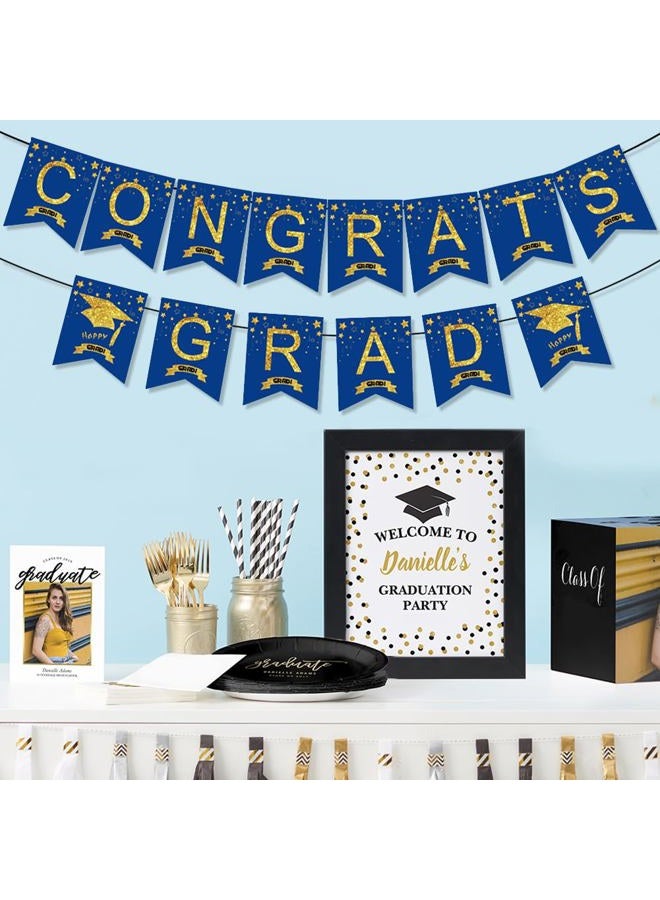 Unigift Blue and Gold Congrats Grad Banner,Glitter Graduation Hanging Bunting Banner Garland Letter Banner Sign Flag Grad Cap Garland Party Backdrop for School Class College Graduation Party Supplies - Image 4