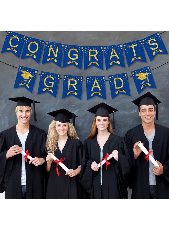 Unigift Blue and Gold Congrats Grad Banner,Glitter Graduation Hanging Bunting Banner Garland Letter Banner Sign Flag Grad Cap Garland Party Backdrop for School Class College Graduation Party Supplies - Image 5