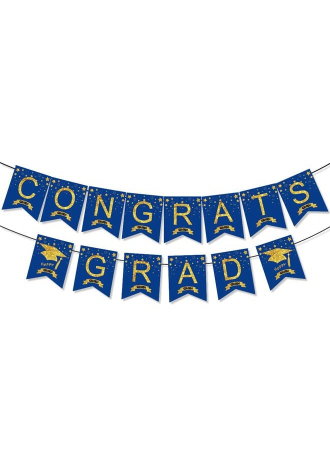 Unigift Blue and Gold Congrats Grad Banner,Glitter Graduation Hanging Bunting Banner Garland Letter Banner Sign Flag Grad Cap Garland Party Backdrop for School Class College Graduation Party Supplies - Image 1
