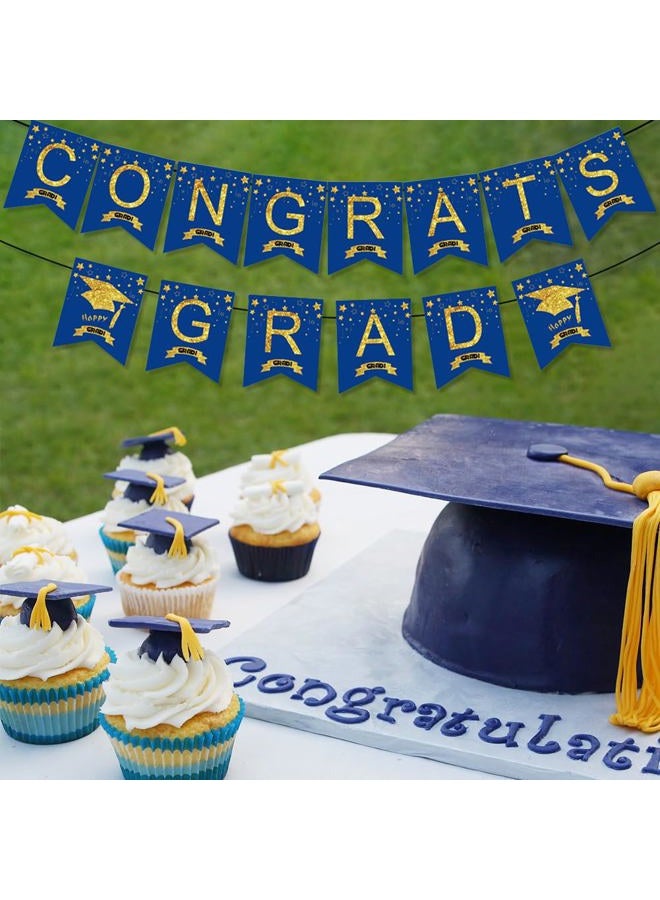 Unigift Blue and Gold Congrats Grad Banner,Glitter Graduation Hanging Bunting Banner Garland Letter Banner Sign Flag Grad Cap Garland Party Backdrop for School Class College Graduation Party Supplies - Image 3