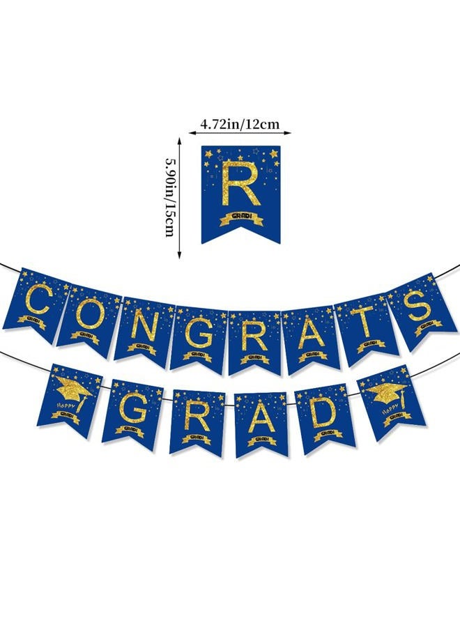 Unigift Blue and Gold Congrats Grad Banner,Glitter Graduation Hanging Bunting Banner Garland Letter Banner Sign Flag Grad Cap Garland Party Backdrop for School Class College Graduation Party Supplies - Image 2