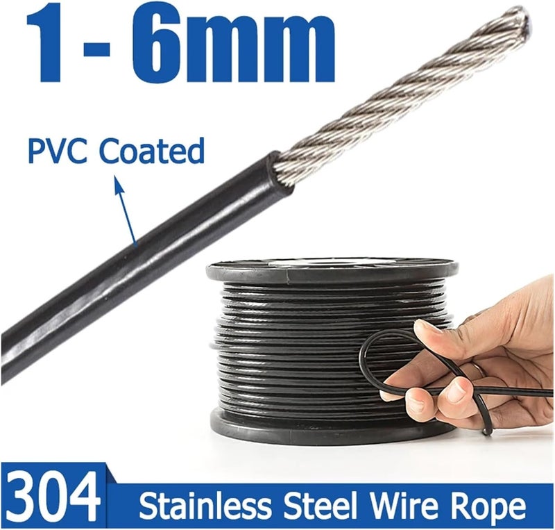 1/1.2/1.5/2/3/4/5/6mm Black PVC Coated Steel Wire 304 Stainless Steel Stranded Wire Rope Soft Cable Steel Clothesline(20M,1.2mm) - Image 2