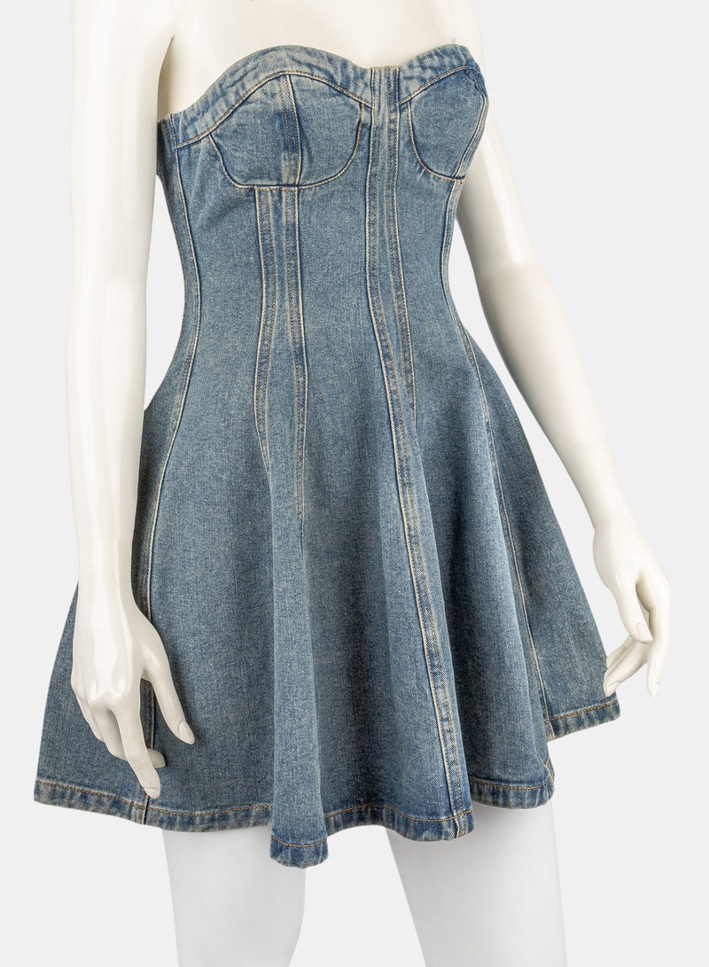 FOREVER 21 Strapless Bustier Fit & Flare Denim Dress - Image 3