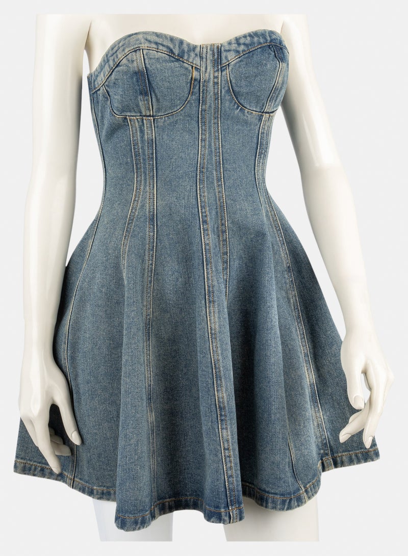 FOREVER 21 Strapless Bustier Fit & Flare Denim Dress - Image 2