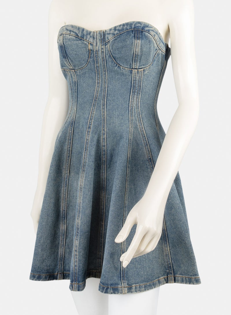 FOREVER 21 Strapless Bustier Fit & Flare Denim Dress - Image 1