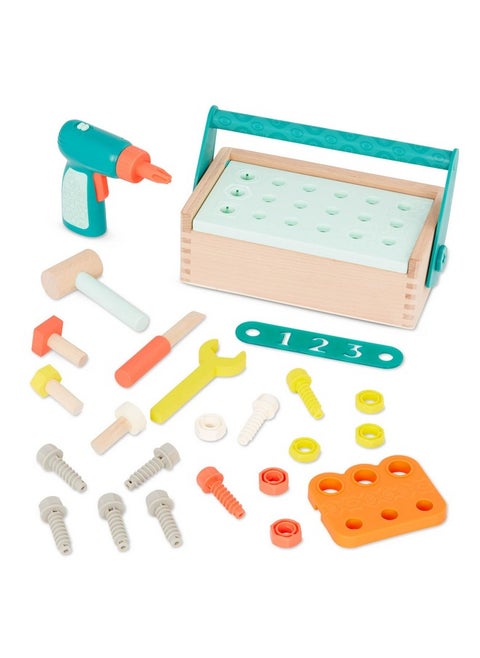 مجموعة أدوات Fix 'N' Play - صندوق أدوات اللعب التظاهري - صندوق أدوات خشبي وملحقاته (25 قطعة) - مجموعة نجار للأطفال - مجموعة ألعاب مع مثقاب ومطرقة ومفك براغي والمزيد - من سن 3 سنوات فما فوق