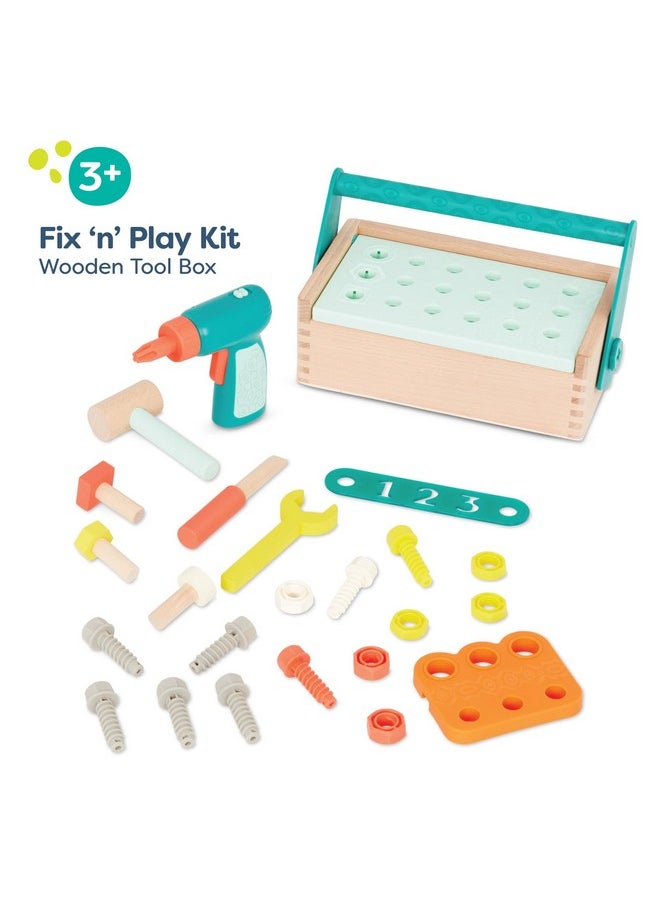 بي. تويز مجموعة أدوات Fix 'N' Play - صندوق أدوات اللعب التظاهري - صندوق أدوات خشبي وملحقاته (25 قطعة) - مجموعة نجار للأطفال - مجموعة ألعاب مع مثقاب ومطرقة ومفك براغي والمزيد - من سن 3 سنوات فما فوق  - Image 3