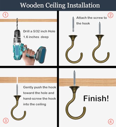 Evsteluo 2 Sets Heavy Duty Swag Ceiling Hooks for Hanging Plants with Hardware, Cavity WallFixing, Easy to Install, Holds Up to 30 lbs, Antique Brass for Home & Garden - Image 5