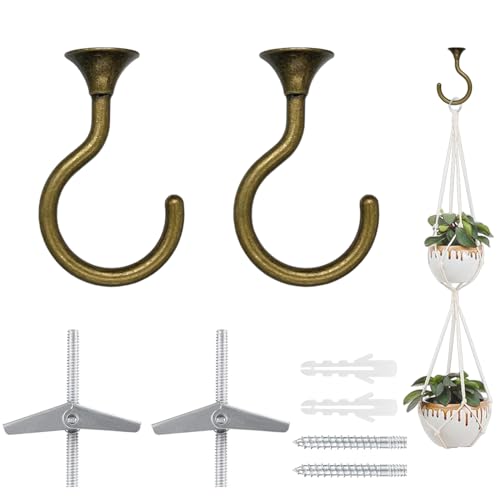 Evsteluo 2 Sets Heavy Duty Swag Ceiling Hooks for Hanging Plants with Hardware, Cavity WallFixing, Easy to Install, Holds Up to 30 lbs, Antique Brass for Home & Garden - Image 1