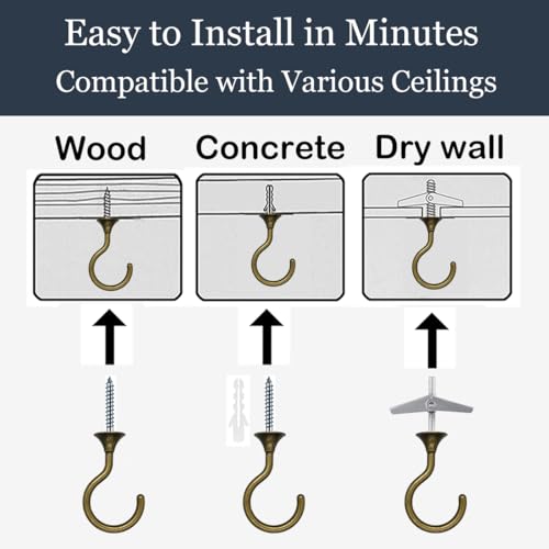 Evsteluo 2 Sets Heavy Duty Swag Ceiling Hooks for Hanging Plants with Hardware, Cavity WallFixing, Easy to Install, Holds Up to 30 lbs, Antique Brass for Home & Garden - Image 4