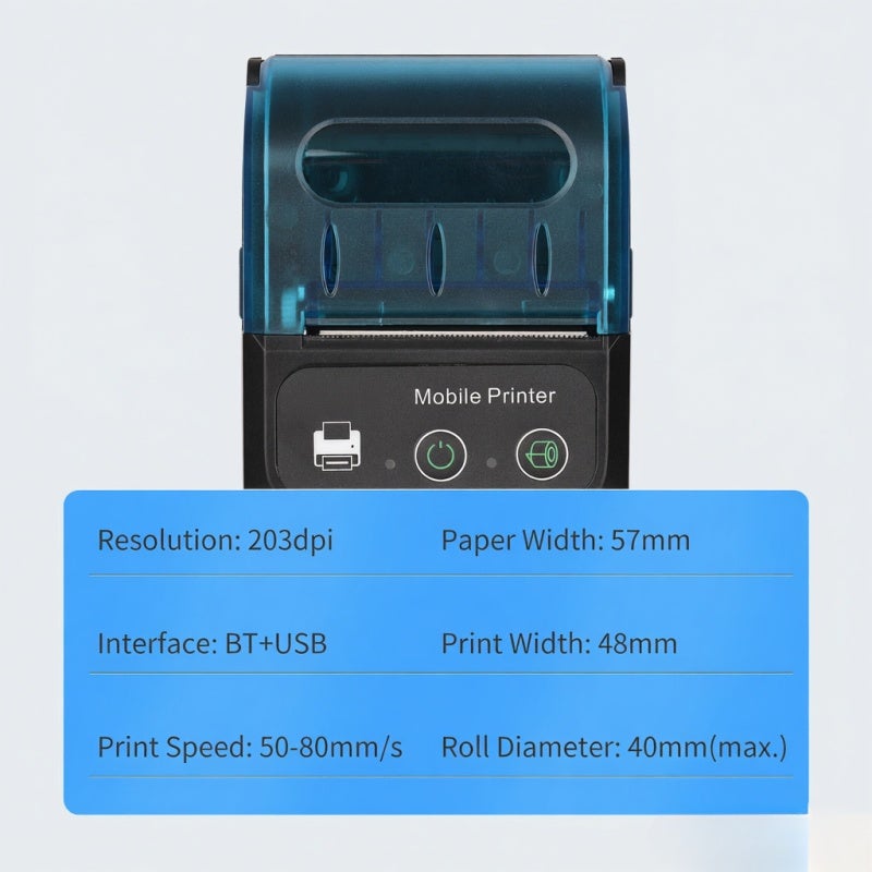Mobile BT Thermal Receipt Printer - 57mm Paper Width 203dpi Resolution 1500mAh Battery For Small Business, Restaurant, Delivery And Mobile On-the-Go Use - Image 4