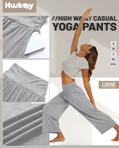 Huukeay 3 Pack Wide Leg Capri Pants for Women Cropped Palazzo High Waist Lounge Yoga Pants Flowy Casual Trouser with Pockets(Black, Gray, Light Gray,XXL) - Image 4