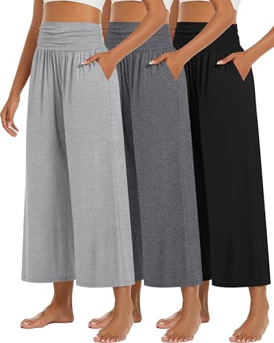 Huukeay 3 Pack Wide Leg Capri Pants for Women Cropped Palazzo High Waist Lounge Yoga Pants Flowy Casual Trouser with Pockets(Black, Gray, Light Gray,XXL) - Image 1