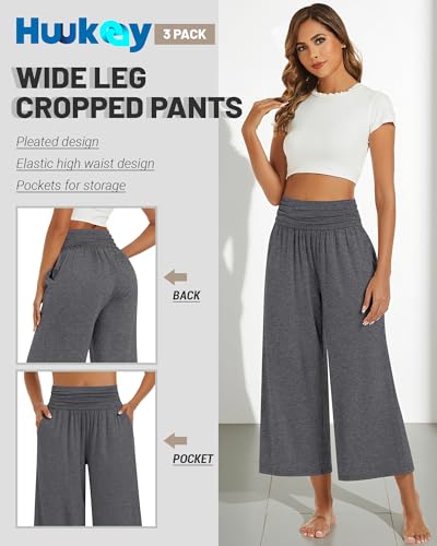 Huukeay 3 Pack Wide Leg Capri Pants for Women Cropped Palazzo High Waist Lounge Yoga Pants Flowy Casual Trouser with Pockets(Black, Gray, Light Gray,XXL) - Image 3