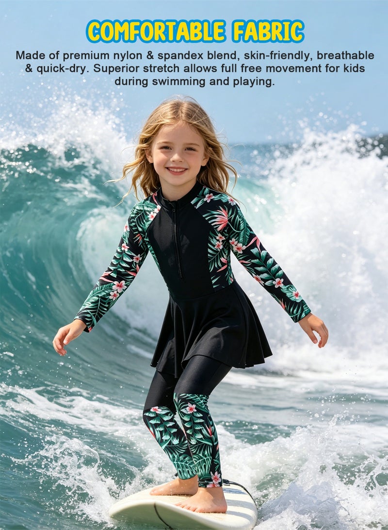 Homarket Girls Long Sleeve Skirted One Piece Swimsuit, UPF50+ Sun Protection Rash Guard, Full Coverage Kids Swimming Costume & Yoga Outfit, Floral Print Zipper Bathing Suit for Girls, Multiple Size Variants for Height 122-128cm,128-134cm,134-140cm,140-146cm, Quick Dry Swimwear for Pool Beach Yoga Water Sport - Image 4