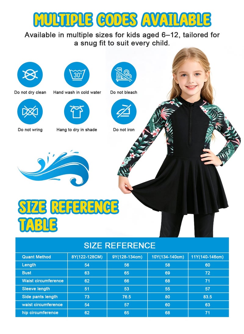 Homarket Girls Long Sleeve Skirted One Piece Swimsuit, UPF50+ Sun Protection Rash Guard, Full Coverage Kids Swimming Costume & Yoga Outfit, Floral Print Zipper Bathing Suit for Girls, Multiple Size Variants for Height 122-128cm,128-134cm,134-140cm,140-146cm, Quick Dry Swimwear for Pool Beach Yoga Water Sport - Image 3