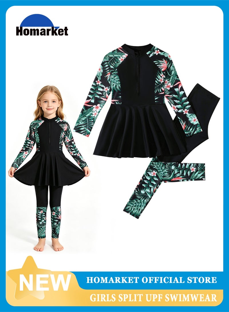 Homarket Girls Long Sleeve Skirted One Piece Swimsuit, UPF50+ Sun Protection Rash Guard, Full Coverage Kids Swimming Costume & Yoga Outfit, Floral Print Zipper Bathing Suit for Girls, Multiple Size Variants for Height 122-128cm,128-134cm,134-140cm,140-146cm, Quick Dry Swimwear for Pool Beach Yoga Water Sport - Image 1