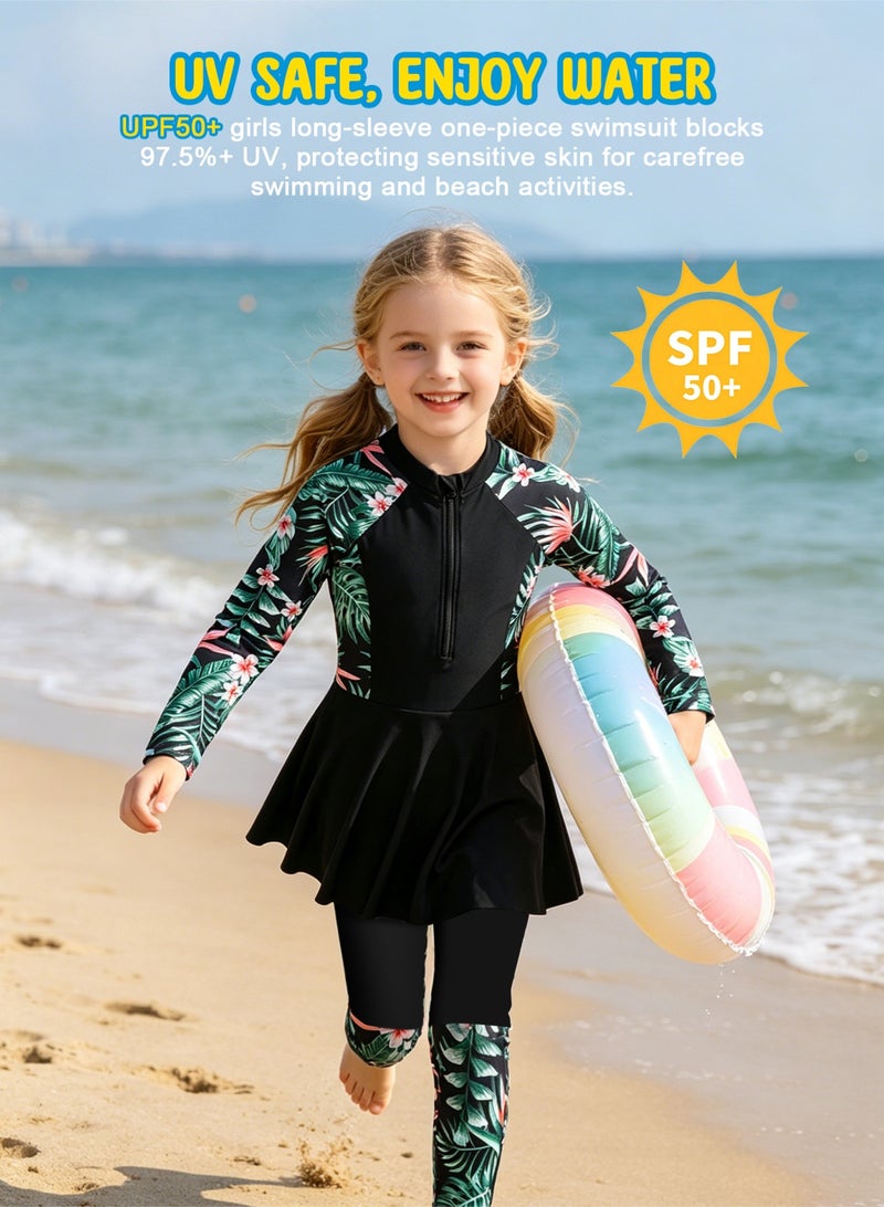 Homarket Girls Long Sleeve Skirted One Piece Swimsuit, UPF50+ Sun Protection Rash Guard, Full Coverage Kids Swimming Costume & Yoga Outfit, Floral Print Zipper Bathing Suit for Girls, Multiple Size Variants for Height 122-128cm,128-134cm,134-140cm,140-146cm, Quick Dry Swimwear for Pool Beach Yoga Water Sport - Image 2
