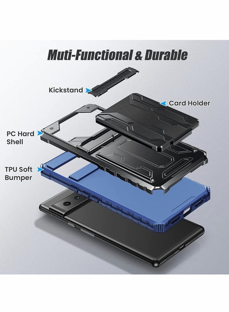 SYOSI Case for Google Pixel 6 Pro 6.7 inch Kickstand Shockproof Cover with Card Holder Soft TPU Protective Defender Bumper Stand Armor Military Grade Protection 6Pro Blue - Image 5