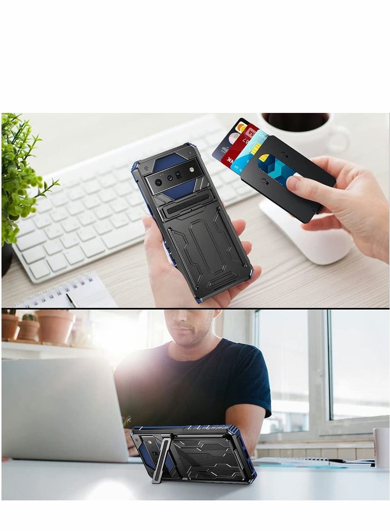 SYOSI Case for Google Pixel 6 Pro 6.7 inch Kickstand Shockproof Cover with Card Holder Soft TPU Protective Defender Bumper Stand Armor Military Grade Protection 6Pro Blue - Image 3