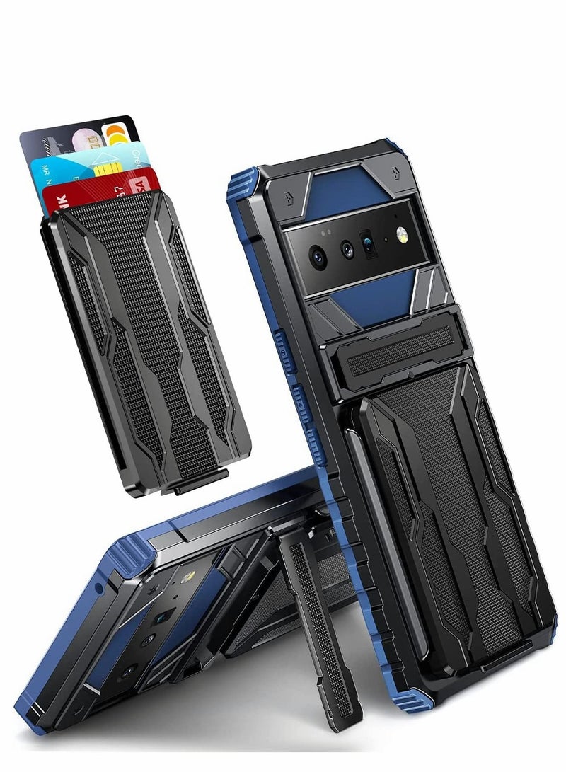 SYOSI Case for Google Pixel 6 Pro 6.7 inch Kickstand Shockproof Cover with Card Holder Soft TPU Protective Defender Bumper Stand Armor Military Grade Protection 6Pro Blue - Image 1