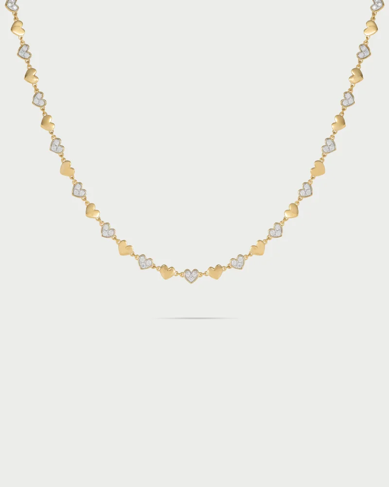 Rue Des Mill Necklace with pav√© and with plain hearts - STARDUST TEN - Yellow gold