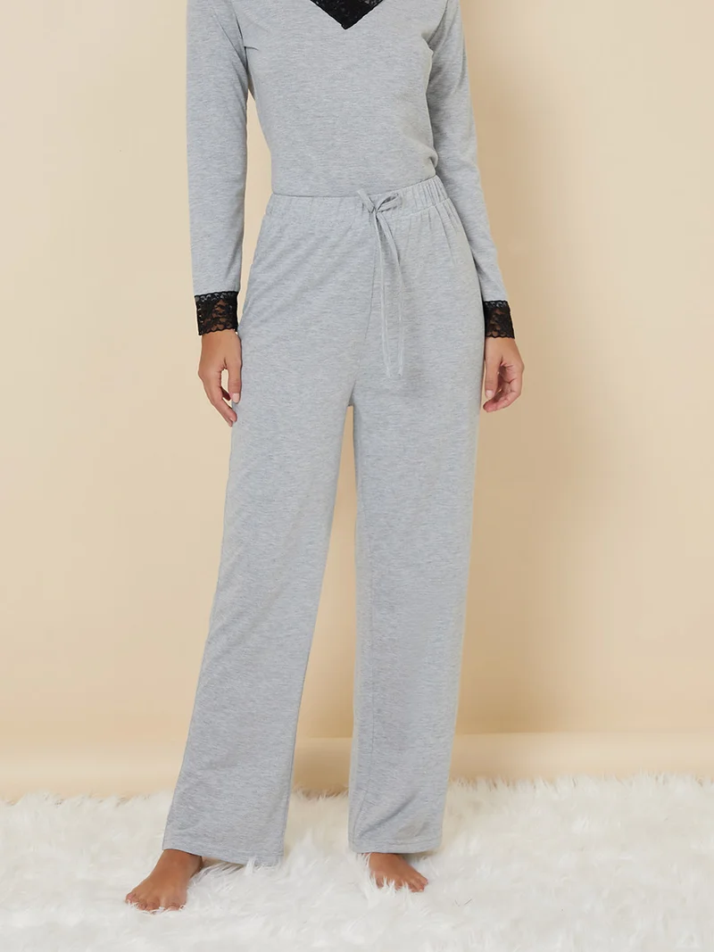Styli Lace Trim Long Sleeves T-shirt and Pyjama Set