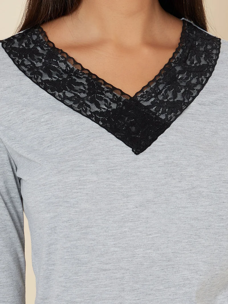 Styli Lace Trim Long Sleeves T-shirt and Pyjama Set