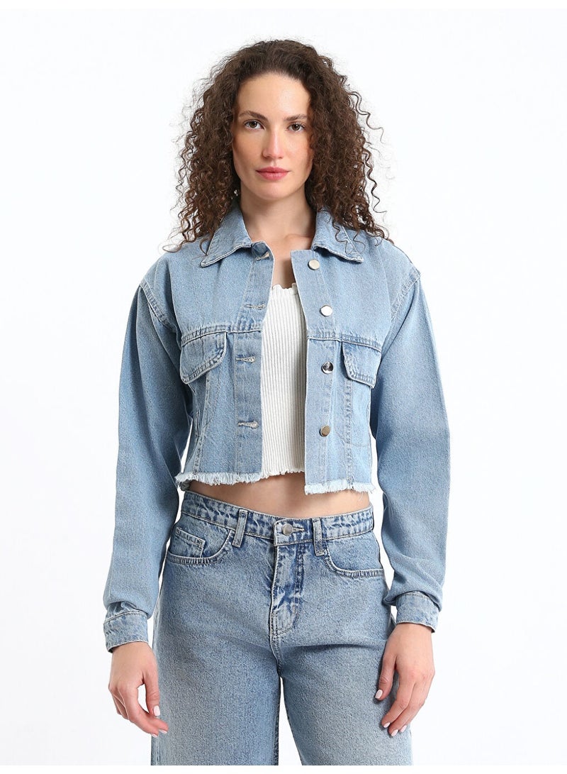Collared Neck Crop Women's Denim Jacket