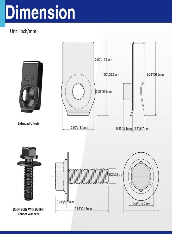 Usdrwam 20 PCS Automotive Body Bolts and U-nut Clamp Kit Bumper Fender Liner Pull Metal Rust-Resistant U Retainer Universal Fastener Accessories Size U-Nuts 1′/0.52′/0.2′ and Bolts 0.46′/0.85′ - Image 2