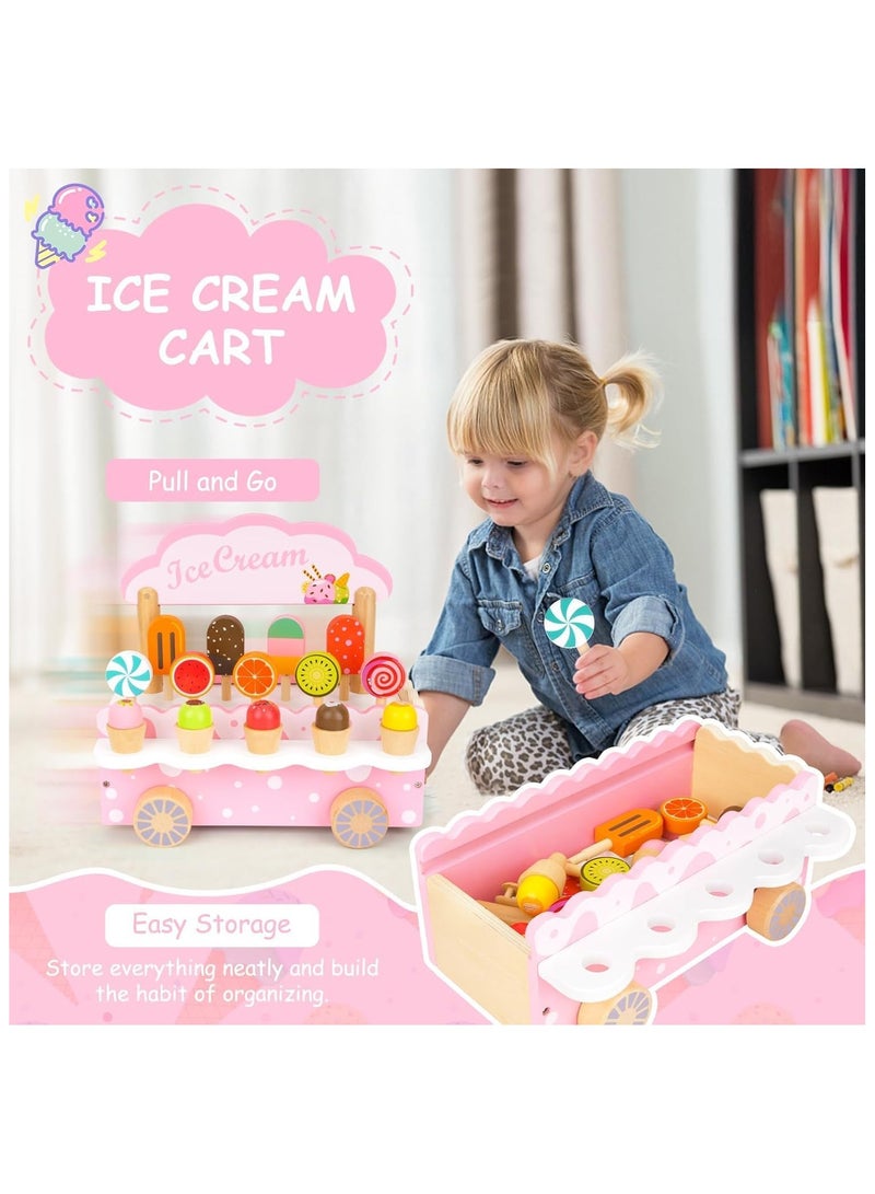 Soofam Wooden Ice Cream Cart Toy for Kids, Toddlers Pretend Play Food Truck Play Kitchen Accessories,Ice Cream Truck Montessori Toys Kitchen Popsicles Play Store for 3 4 5 6 Year Old Girls Boys - Image 2