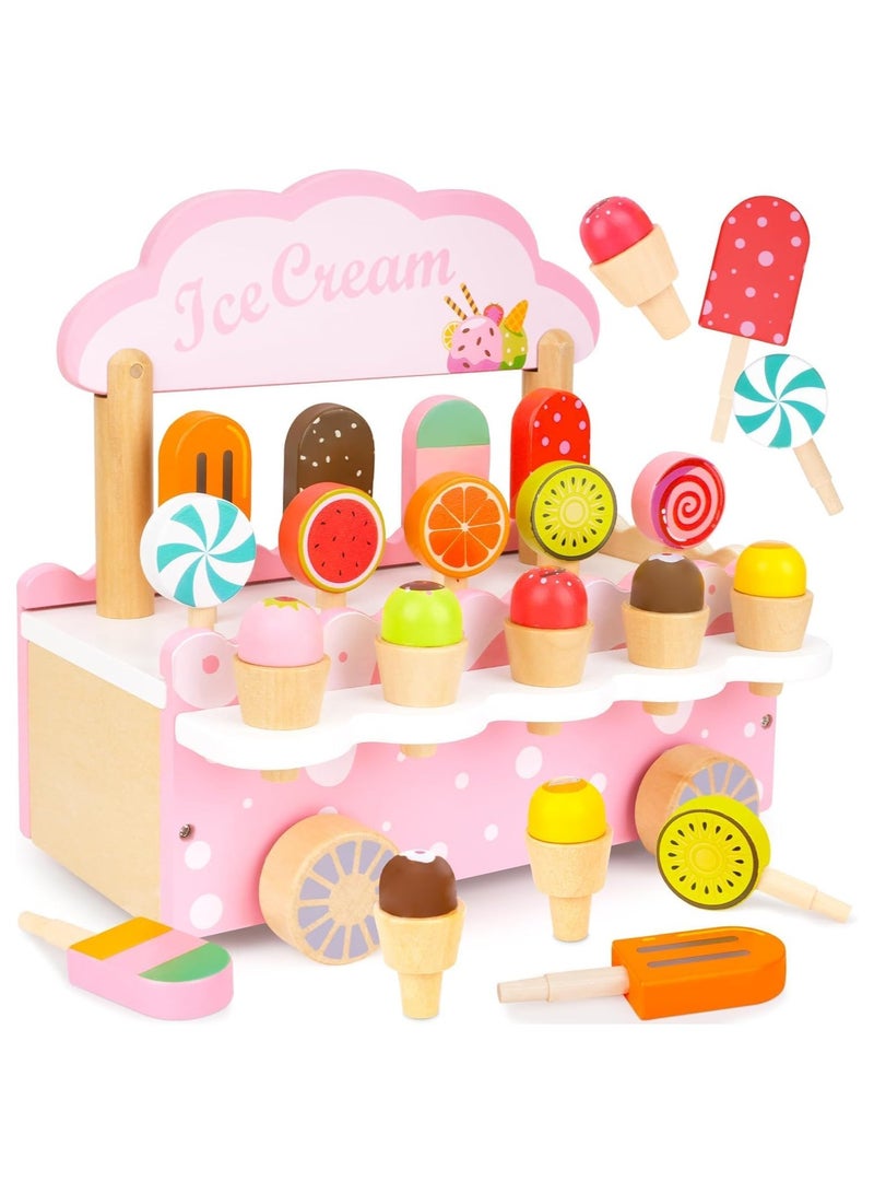 Soofam Wooden Ice Cream Cart Toy for Kids, Toddlers Pretend Play Food Truck Play Kitchen Accessories,Ice Cream Truck Montessori Toys Kitchen Popsicles Play Store for 3 4 5 6 Year Old Girls Boys - Image 1