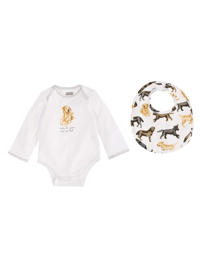 Mud Pie Yellow Lab Dog Print Baby Crawler & Bib Set , 2 Piece Set - Image 1