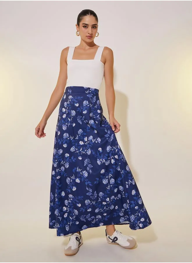 ستايلي Floral Printed Maxi and Solid Sleeveless A-Line Skirt