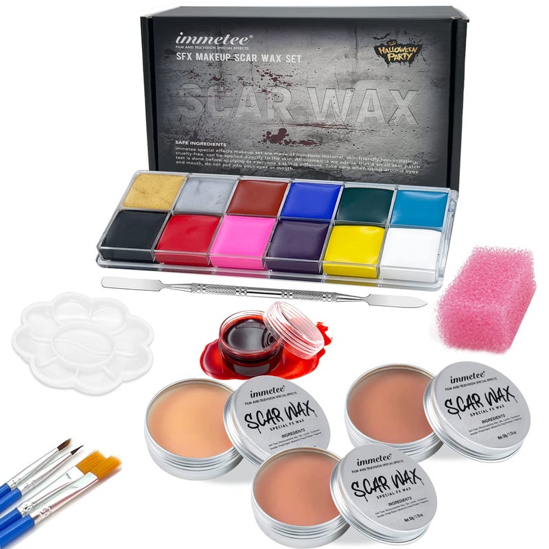 immetee Scar Wax SFX Makeup Kit Face  Body Paint Christmas Halloween Makeup Kit Fake Blood Painting Brushes Spatula Stipple Sponge Stage Theatrical Party Cosplay Carnival